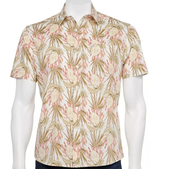 Men's Apt. 9® Stretch Poplin Button-Down Shirt Short Sleeve Floral Slim Fit - Picture 1 of 7